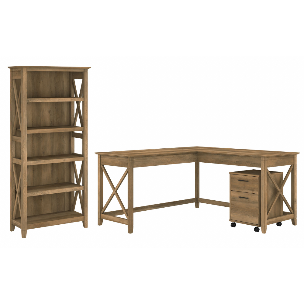 Shop Bush Furniture Key West 60W L Shaped Desk with 2 Drawer Mobile File Cabinet and 5 Shelf Bookcase, Image 01, KWS016RCP, #color_reclaimed pine