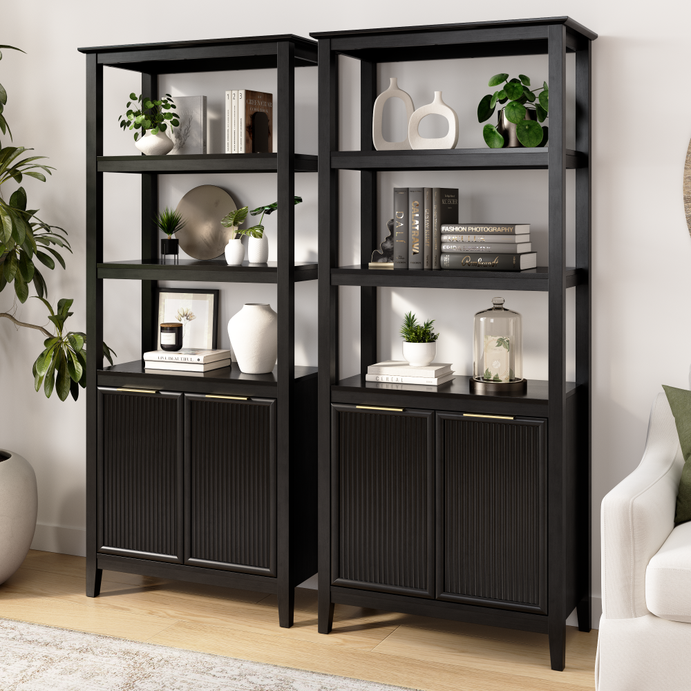 Shop Bush Home Camille Fluted 5 Shelf Bookcase with Doors - Set of 2, Image 02, CML003OB, #color_onyx birch