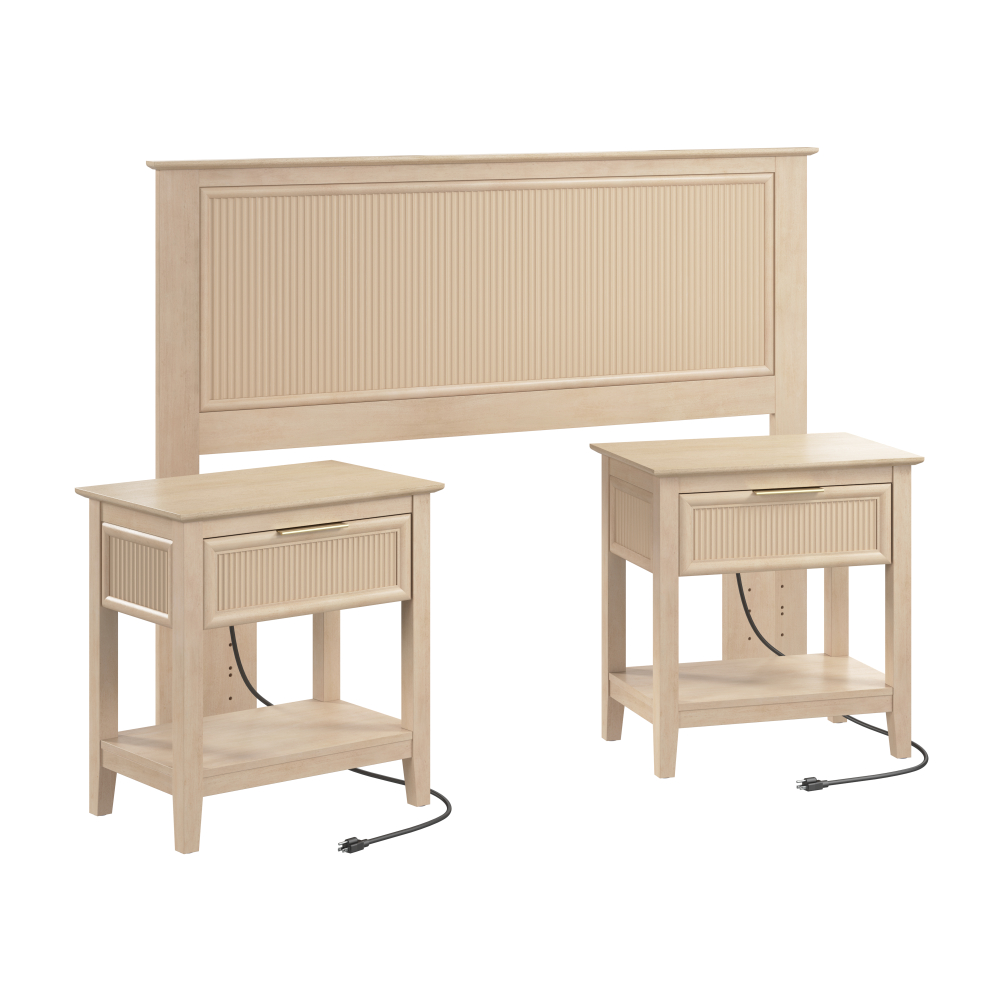 Shop Bush Home Camille 65W Fluted Full/Queen Headboard with Set of 2 Nightstands, Image 01, CML010NB, #color_natural birch