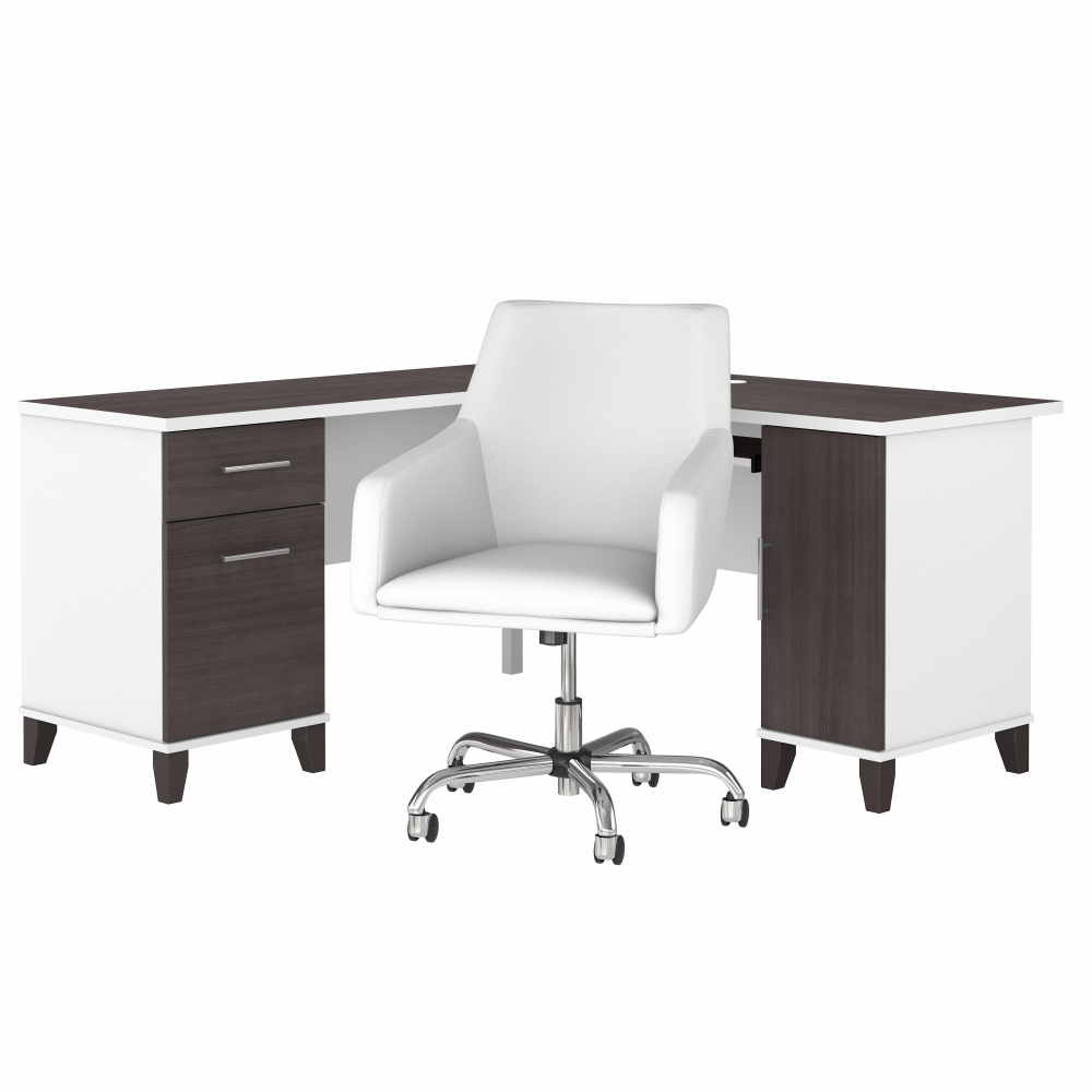 Shop Bush Furniture Somerset 60W L Shaped Desk with Mid Back Leather Box Chair, Image 01, SET022SGWH, #color_storm gray/white