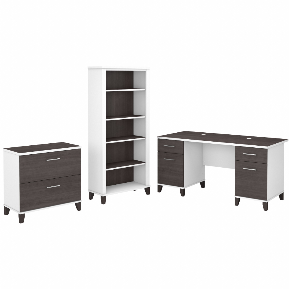 Shop Bush Furniture Somerset 60W Office Desk with Lateral File Cabinet and 5 Shelf Bookcase, Image 01, SET013SGWH, #color_storm gray/white
