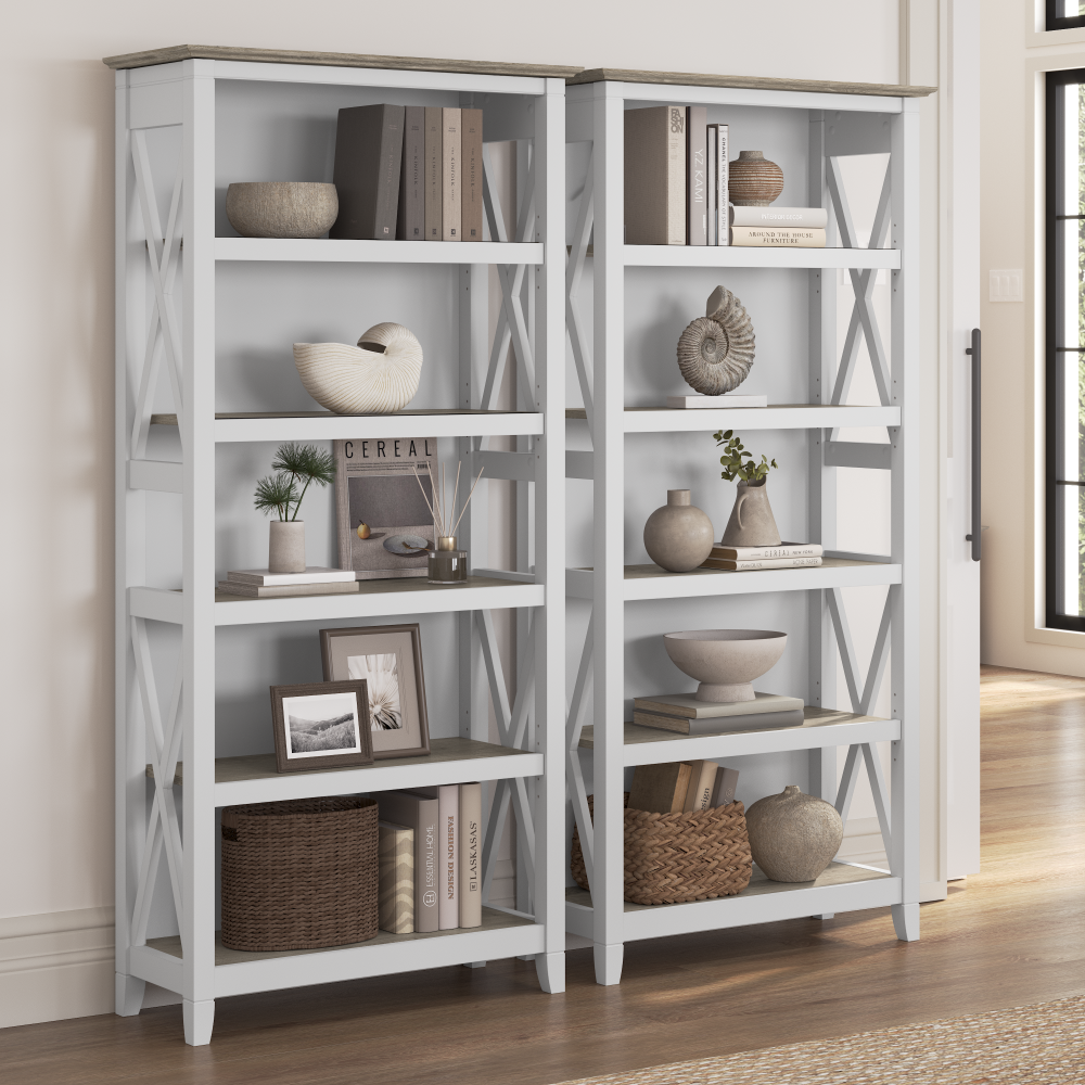 Shop Bush Furniture Key West 5 Shelf Bookcase Set, Image 02, KWS046G2W, #color_shiplap gray/pure white