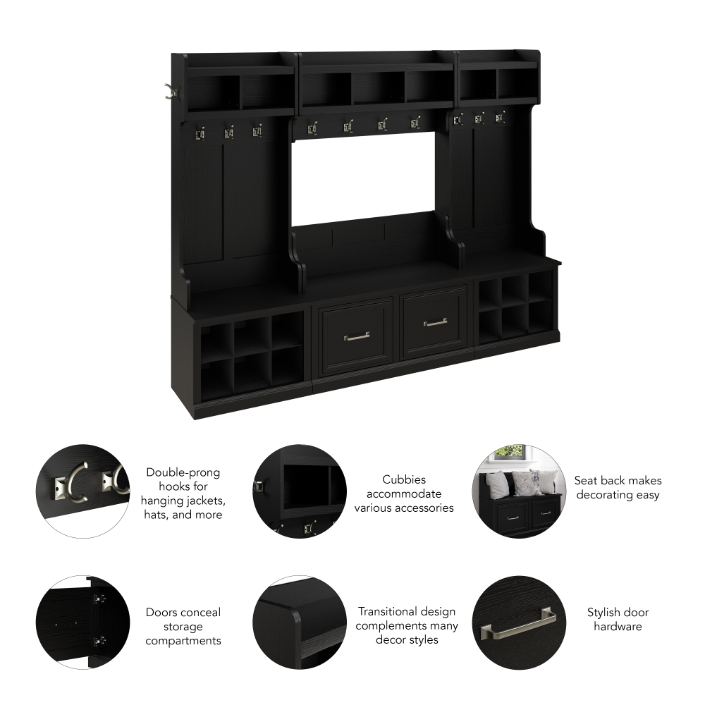 Shop Bush Furniture Woodland Full Entryway Storage Set with Coat Rack and Shoe Bench with Doors, Image 06, WDL013BS, #color_black suede oak