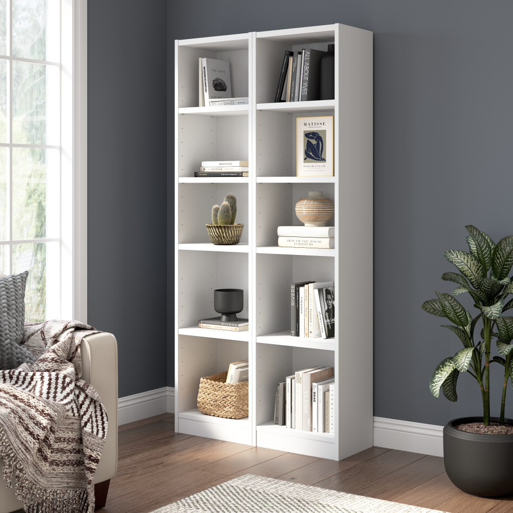 Shop Bush Furniture Universal 17W Narrow 5 Shelf Bookcase - Set of 2, Image 02, UB005WH, #color_white
