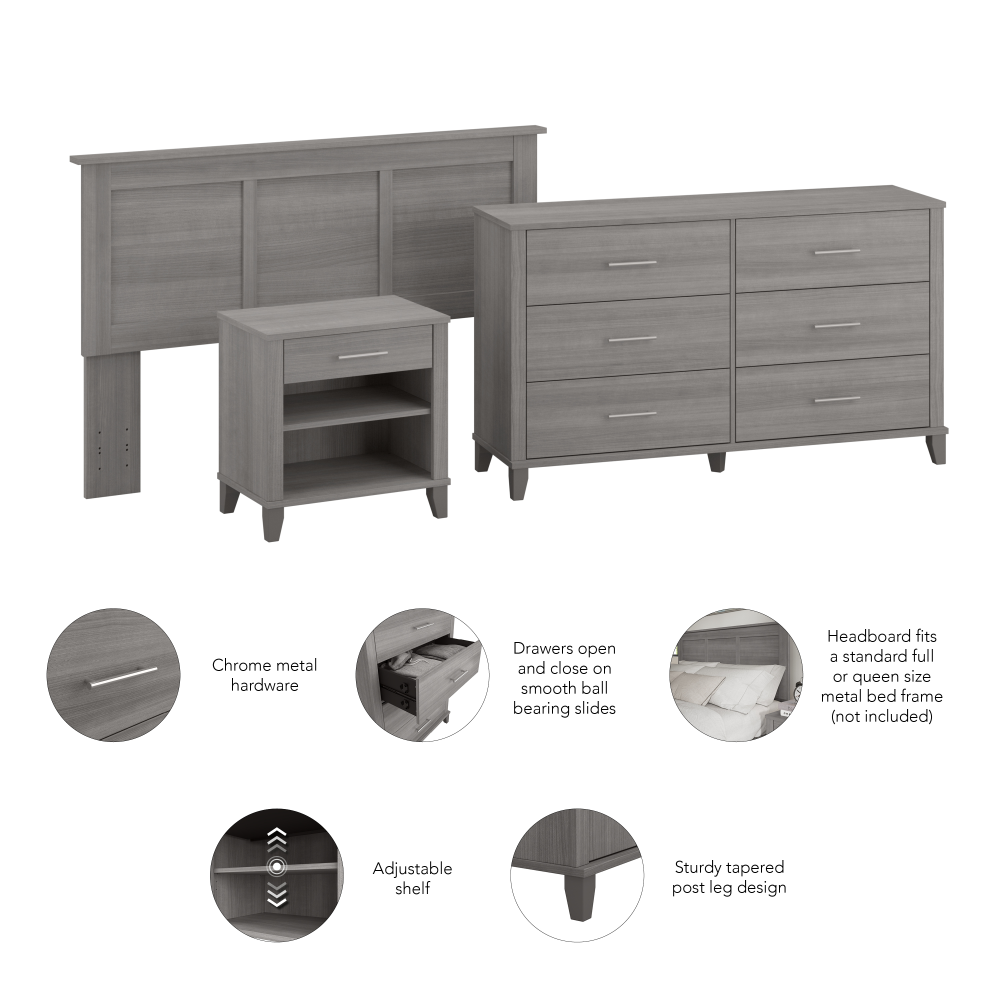 Shop Bush Furniture Somerset Full/Queen Size Headboard, Dresser and Nightstand Bedroom Set, Image 07, SET003PG, #color_platinum gray