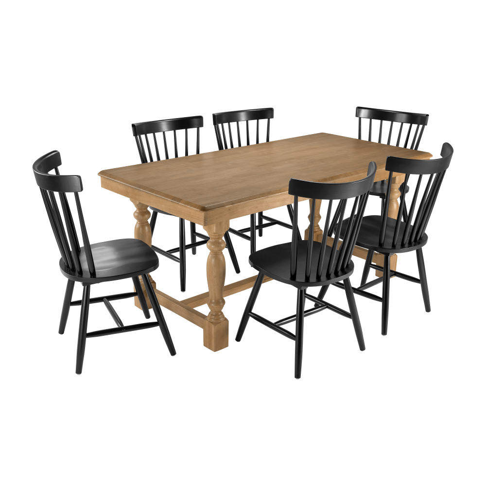 Shop Bush Furniture Sterling 67W Squire Trestle Dining Table with 6 High Back Spindle Dining Chairs, Image 01, STL002NHS, #color_natural honey brown/black paint