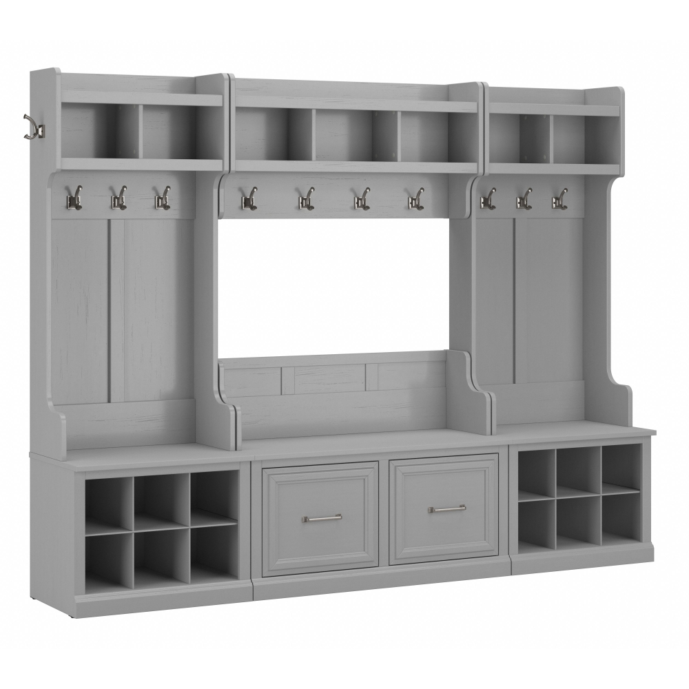 Shop Bush Furniture Woodland Full Entryway Storage Set with Coat Rack and Shoe Bench with Doors, Image 01, WDL013CG, #color_cape cod gray