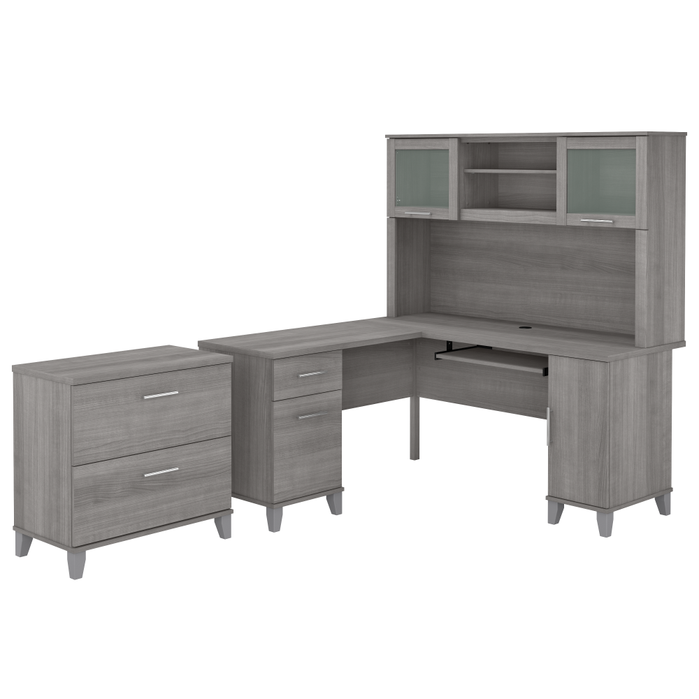 Shop Bush Furniture Somerset 60W L Shaped Desk with Hutch and Lateral File Cabinet, Image 01, SET008PG, #color_platinum gray