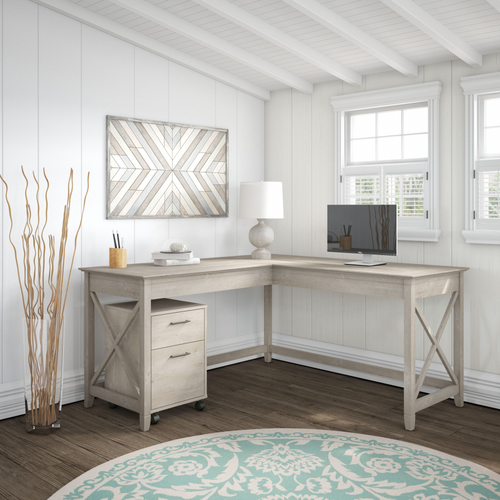 Shop Bush Furniture Key West 60W L Shaped Desk with 2 Drawer Mobile File Cabinet, Image 02, KWS013WG, #color_washed gray