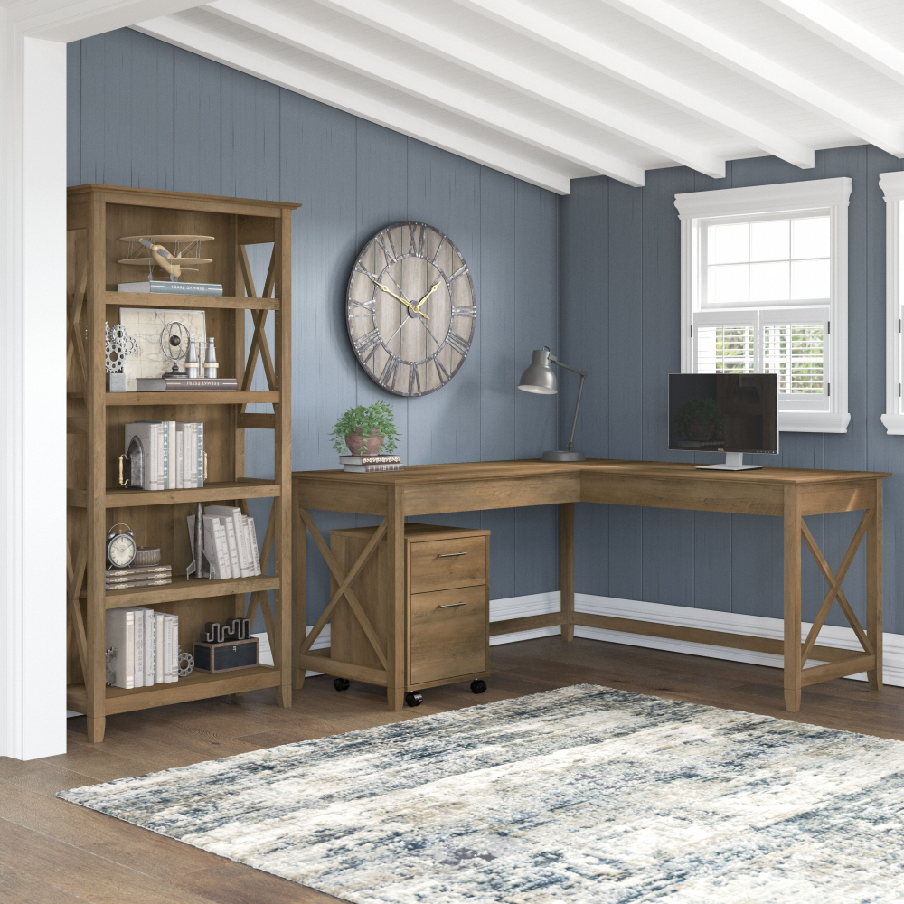 Shop Bush Furniture Key West 60W L Shaped Desk with 2 Drawer Mobile File Cabinet and 5 Shelf Bookcase, Image 02, KWS016RCP, #color_reclaimed pine