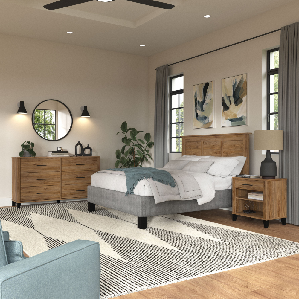 Shop Bush Furniture Somerset Full/Queen Size Headboard, Dresser and Nightstand Bedroom Set, Image 02, SET003FW, #color_fresh walnut