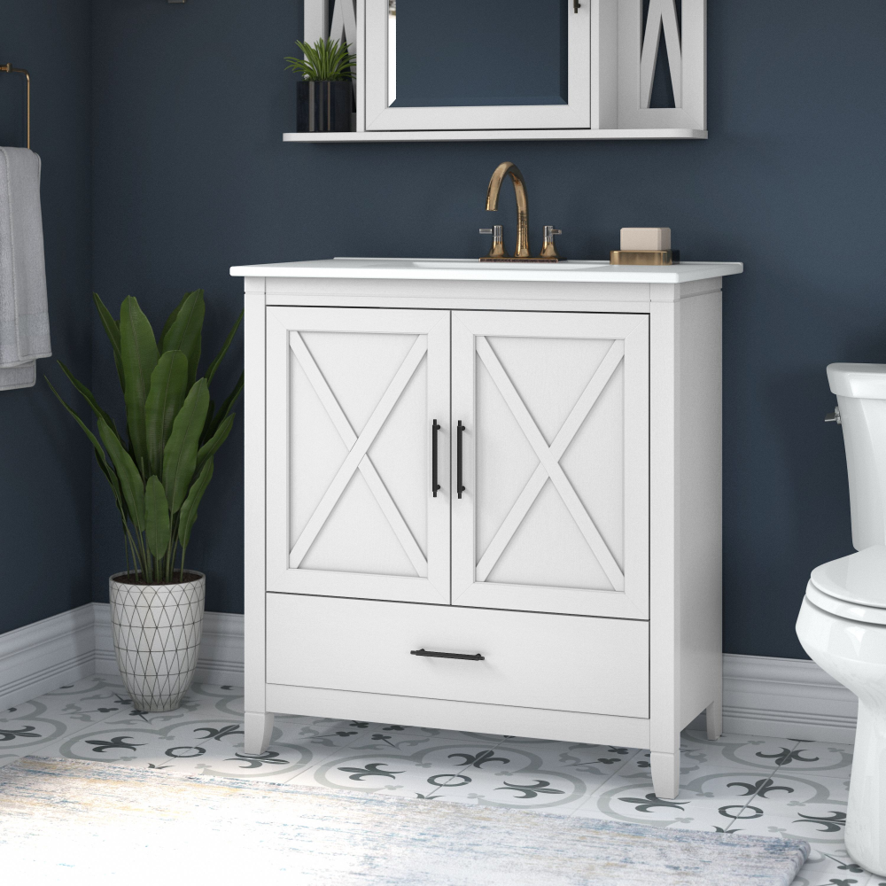 Shop Bush Furniture Key West 32W Bathroom Vanity with Sink, Image 02, KWVN132WAS-03K, #color_white ash