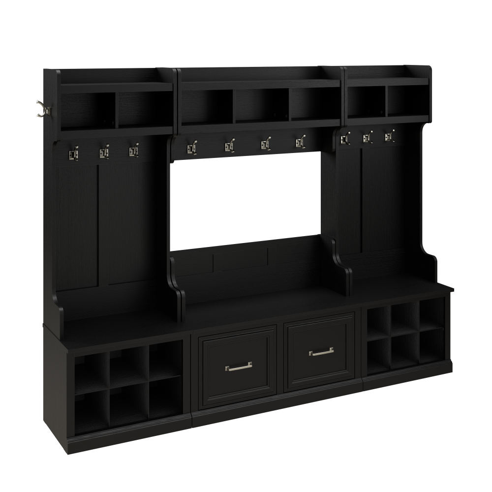 Shop Bush Furniture Woodland Full Entryway Storage Set with Coat Rack and Shoe Bench with Doors, Image 01, WDL013BS, #color_black suede oak