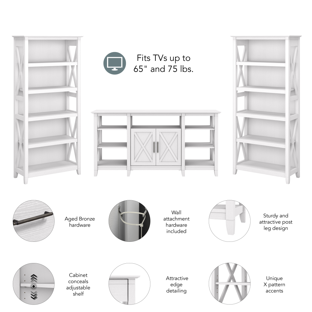Shop Bush Furniture Key West Tall TV Stand with Set of 2 Bookcases, Image 06, KWS027WT, #color_pure white oak
