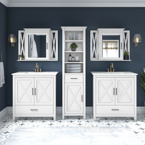 Shop Bush Furniture Key West 64W Double Vanity Set with Sinks, Medicine Cabinets and Linen Tower, Image 02, KWS044WAS, #color_white ash