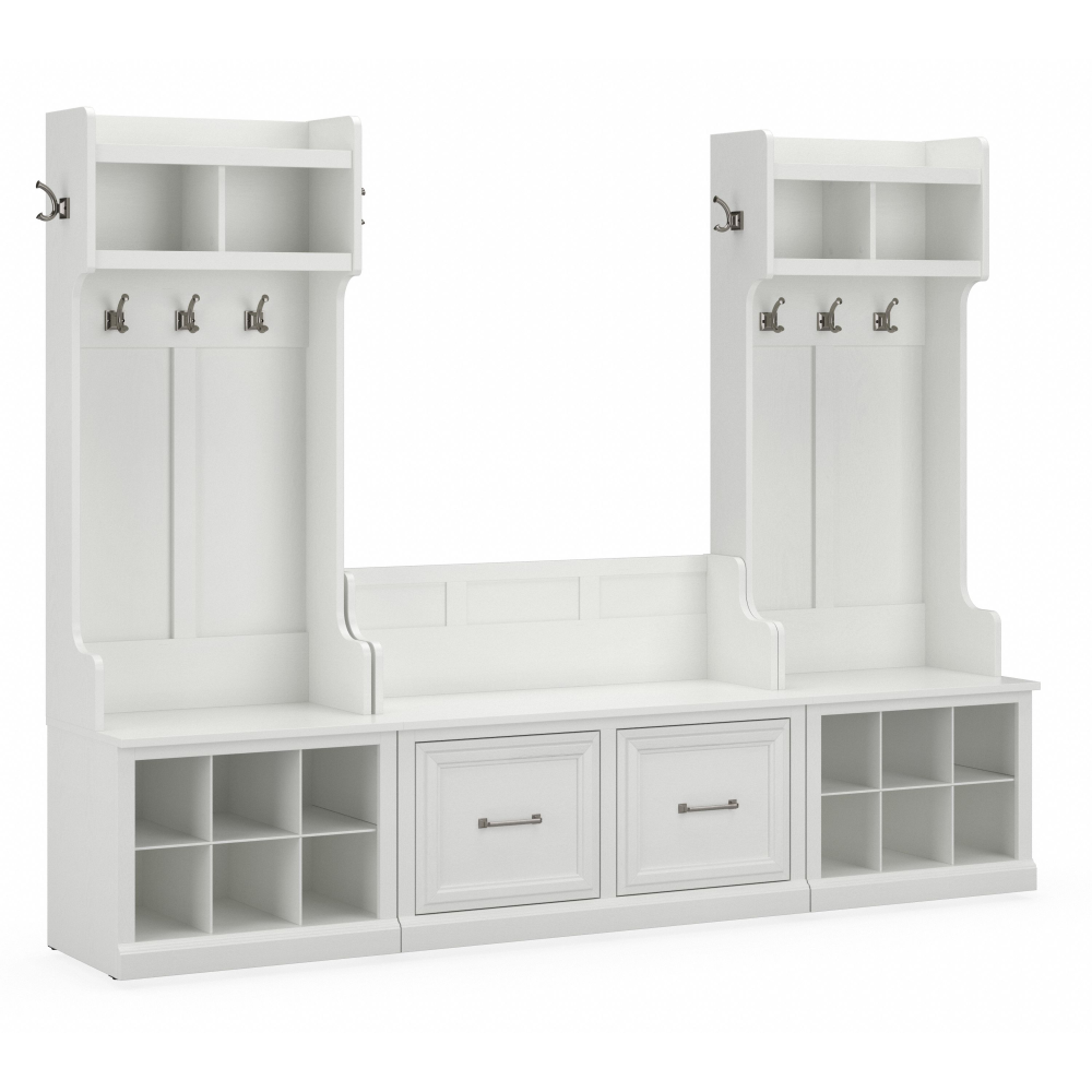 Shop Bush Furniture Woodland Entryway Storage Set with Hall Trees and Shoe Bench with Doors, Image 01, WDL011WAS, #color_white ash