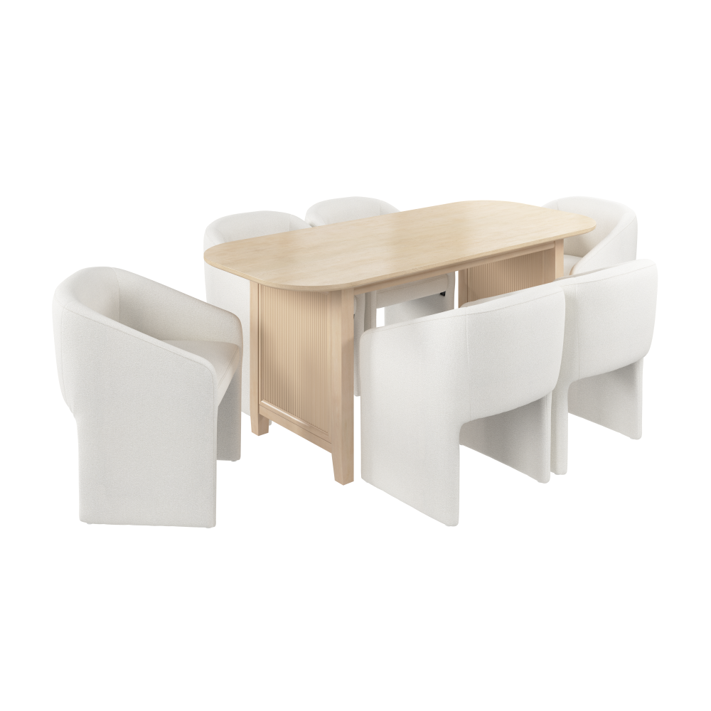 Shop Bush Home Camille Fluted Base 71W Dining Table with 6 Upholstered Barrel Dining Chairs, Image 01, CML012NB, #color_natural birch/light cream fabric