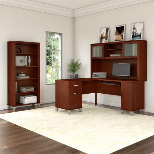 Shop Bush Furniture Somerset 60W L Shaped Desk with Hutch and 5 Shelf Bookcase, Image 02, SET010HC, #color_hansen cherry