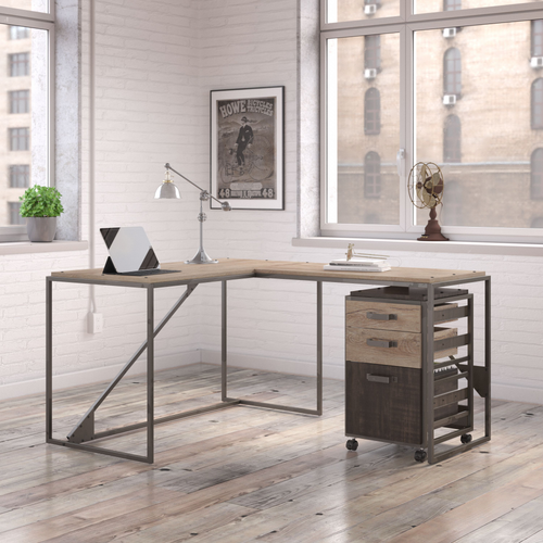 Shop Bush Furniture Refinery 50W L Shaped Industrial Desk with 3 Drawer Mobile File Cabinet, Image 02, RFY004RG, #color_rustic gray/charred wood