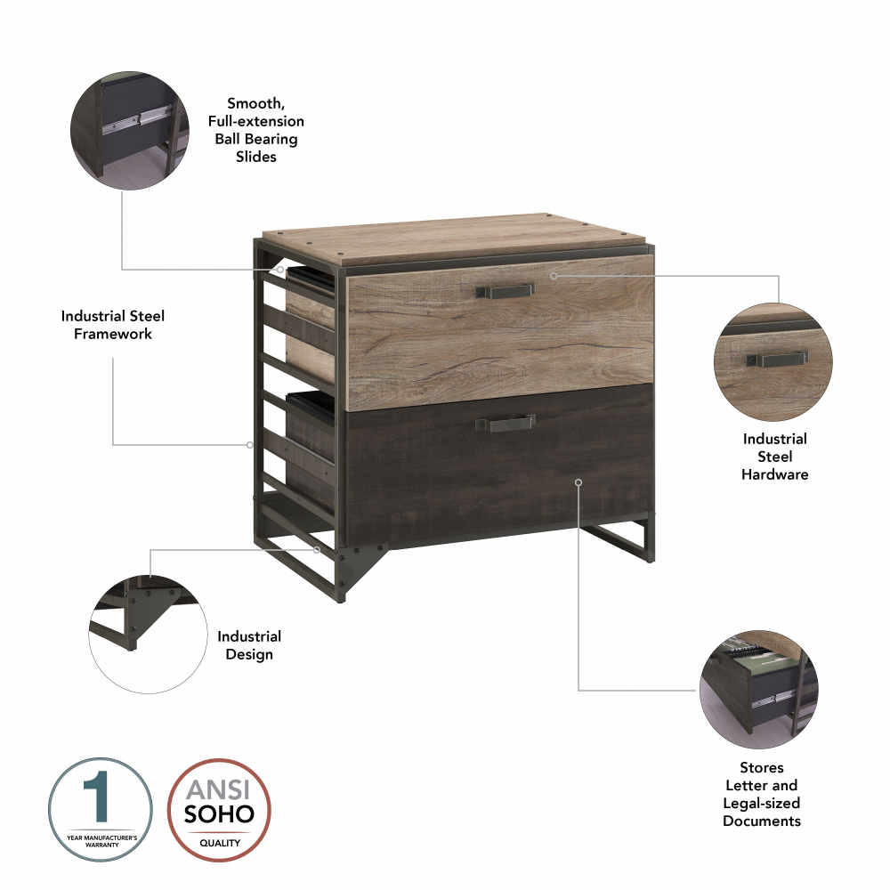 Shop Bush Furniture Refinery 2 Drawer Lateral File Cabinet, Image 06, RFF132RG-03, #color_rustic gray/charred wood