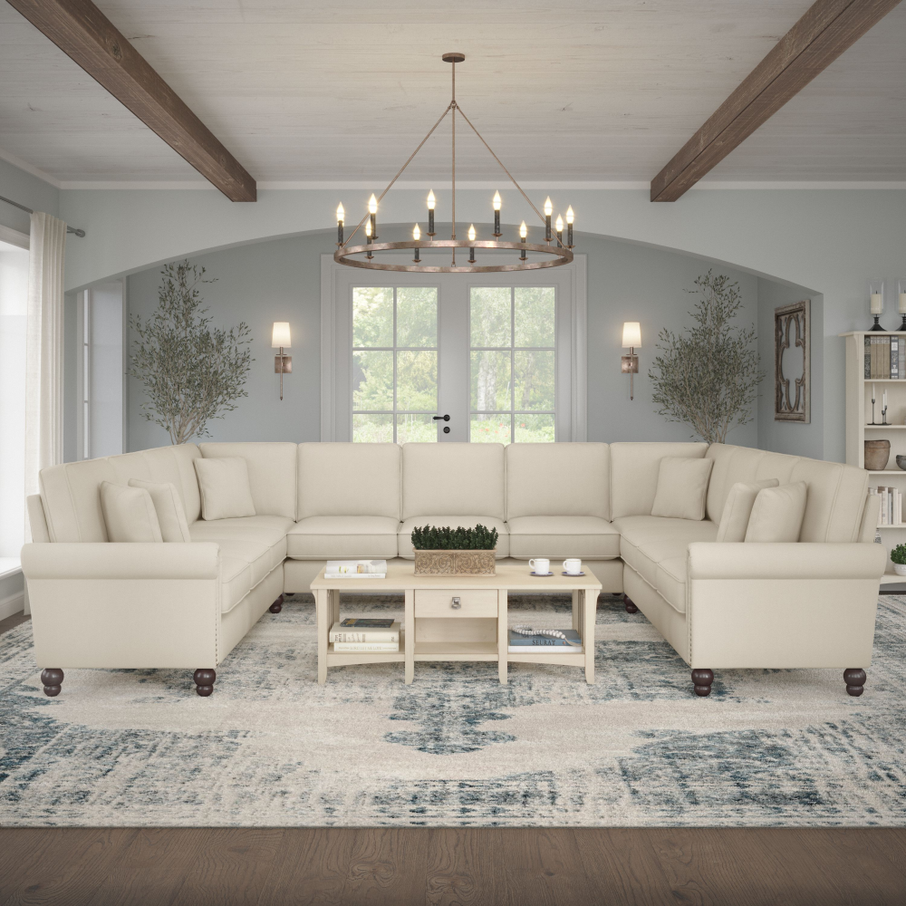Shop Bush Furniture Coventry 137W U Shaped Sectional Couch, Image 02, CVY135BCRH-03K, #color_cream herringbone fabric