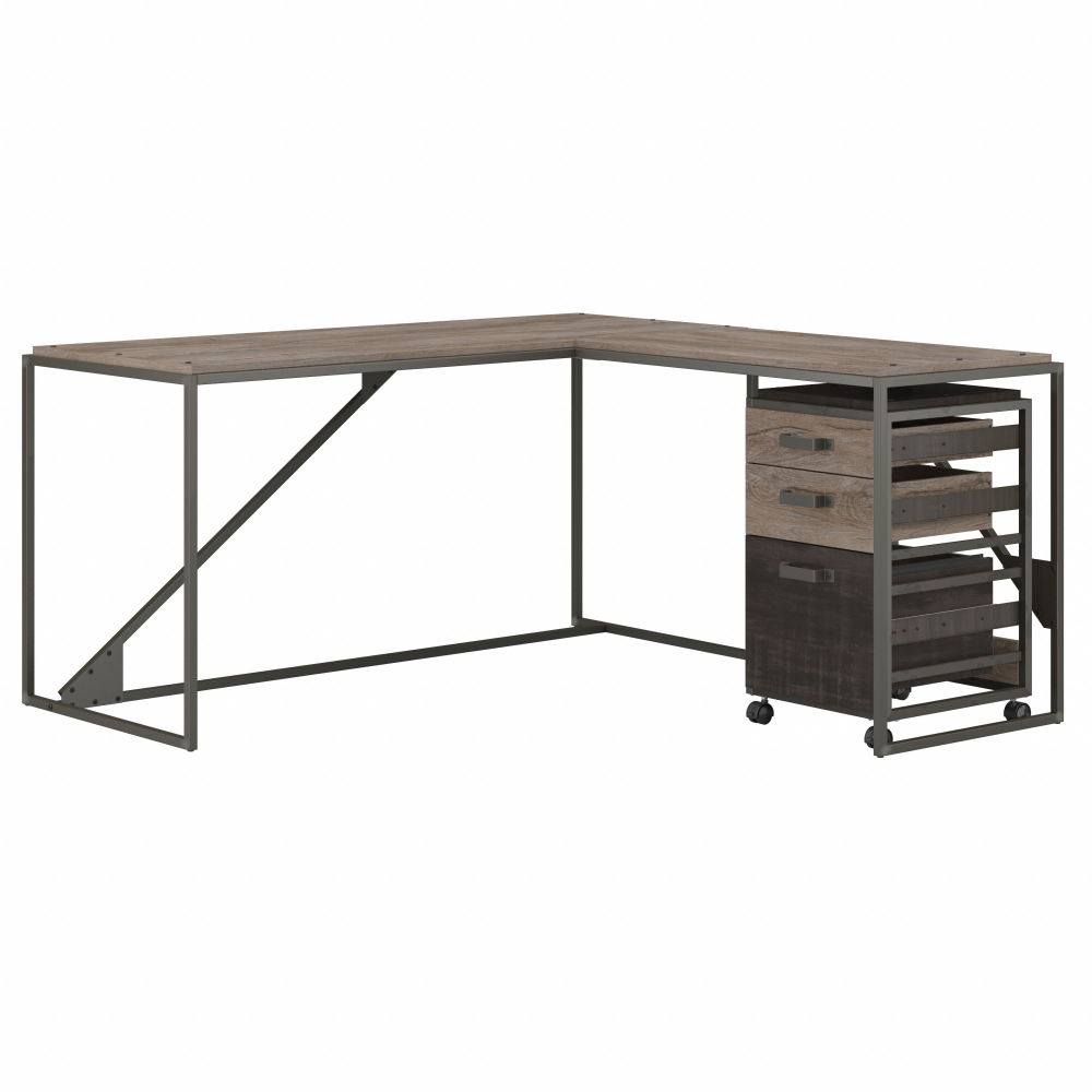 Shop Bush Furniture Refinery 62W L Shaped Industrial Desk with 3 Drawer Mobile File Cabinet, Image 01, RFY018RG, #color_rustic gray/charred wood