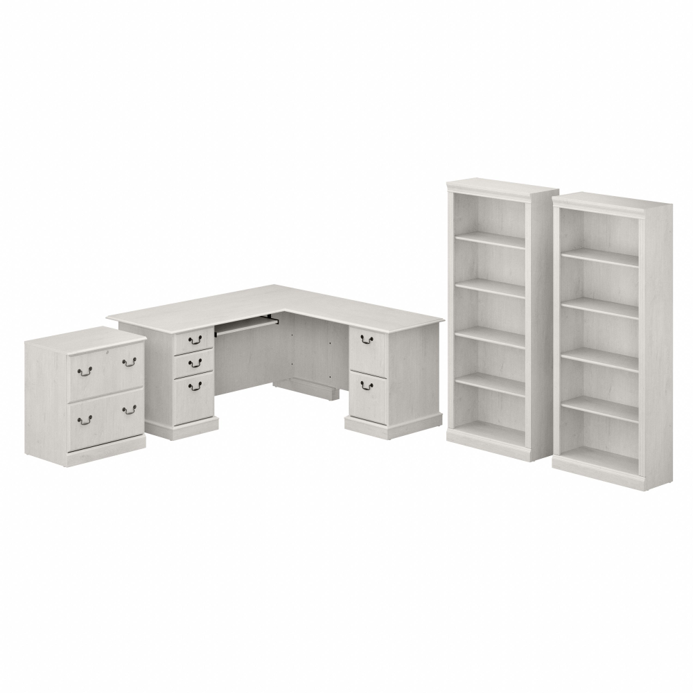 Shop Bush Furniture Saratoga L Shaped Computer Desk with File Cabinet and Bookcase Set, Image 01, SAR002LW, #color_linen white oak