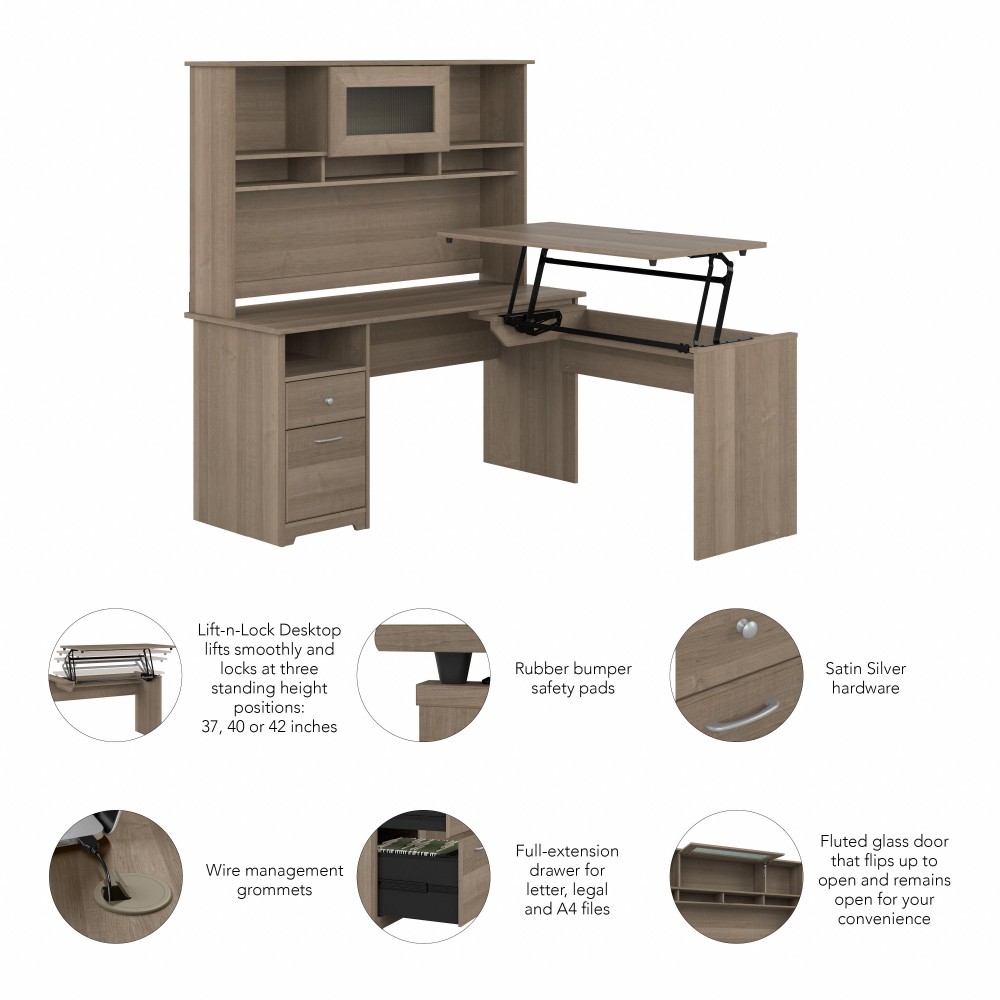 Shop Bush Furniture Cabot 60W 3 Position Sit to Stand L Shaped Desk with Hutch, Image 08, CAB045AG, #color_ash gray