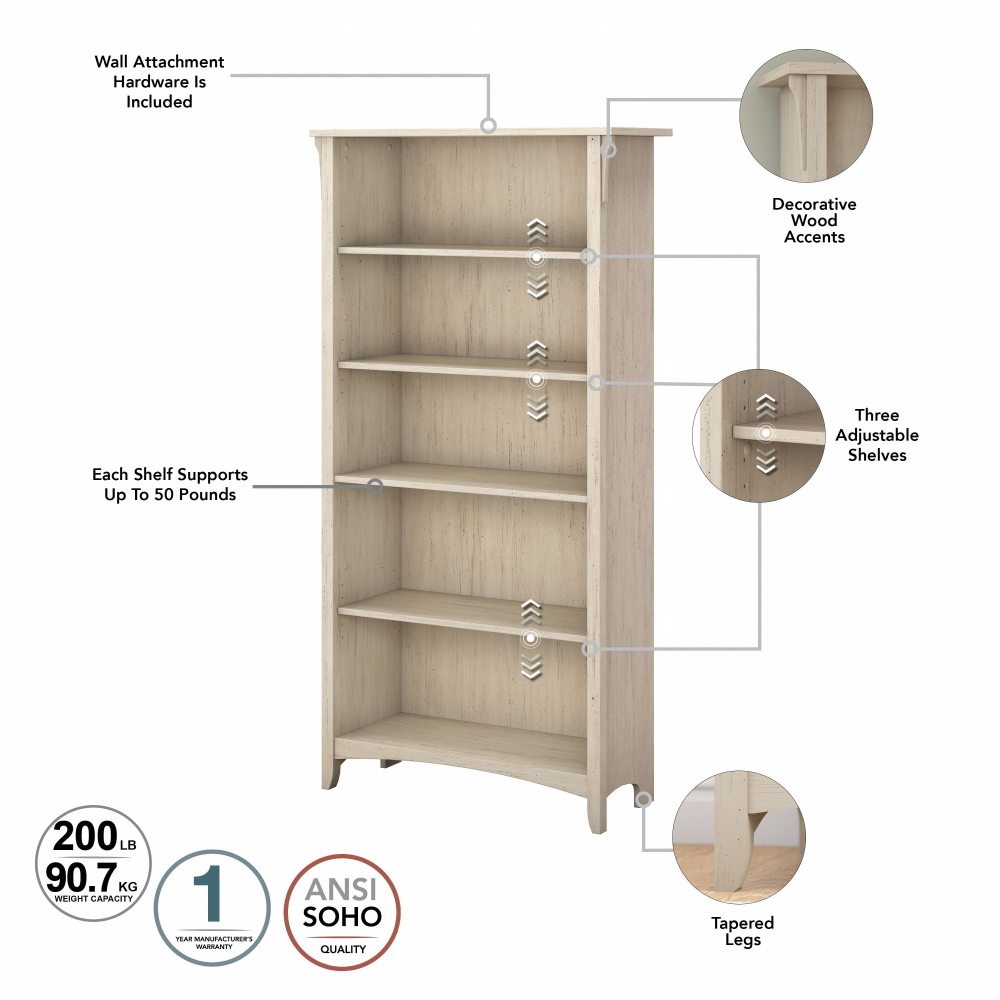 Shop Bush Furniture Salinas Tall 5 Shelf Bookcase, Image 05, SAB132AW-03, #color_antique white