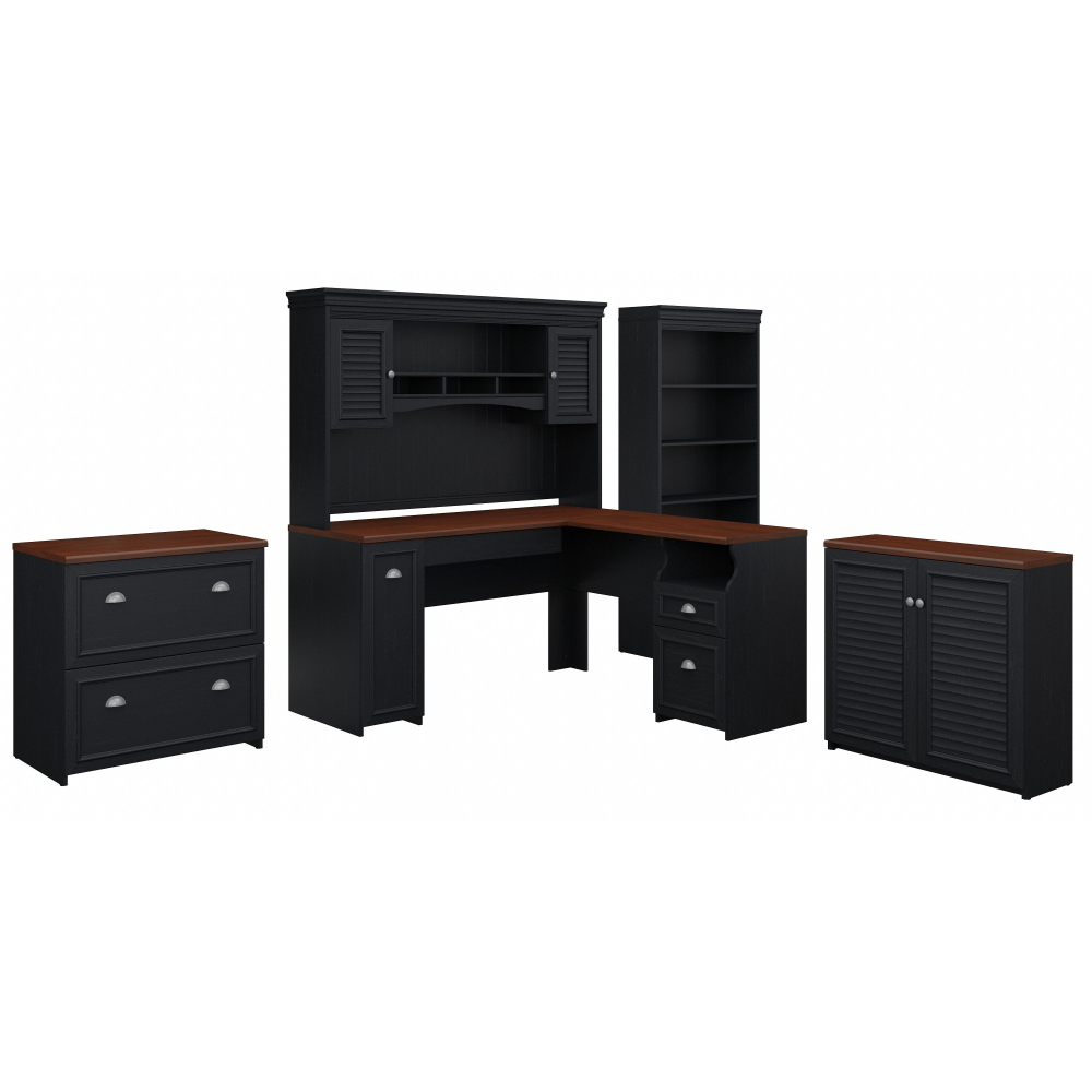 Shop Bush Furniture Fairview 60W L Shaped Desk with Hutch, File Cabinet, Bookcase and Storage, Image 01, FV013AB, #color_antique black/hansen cherry