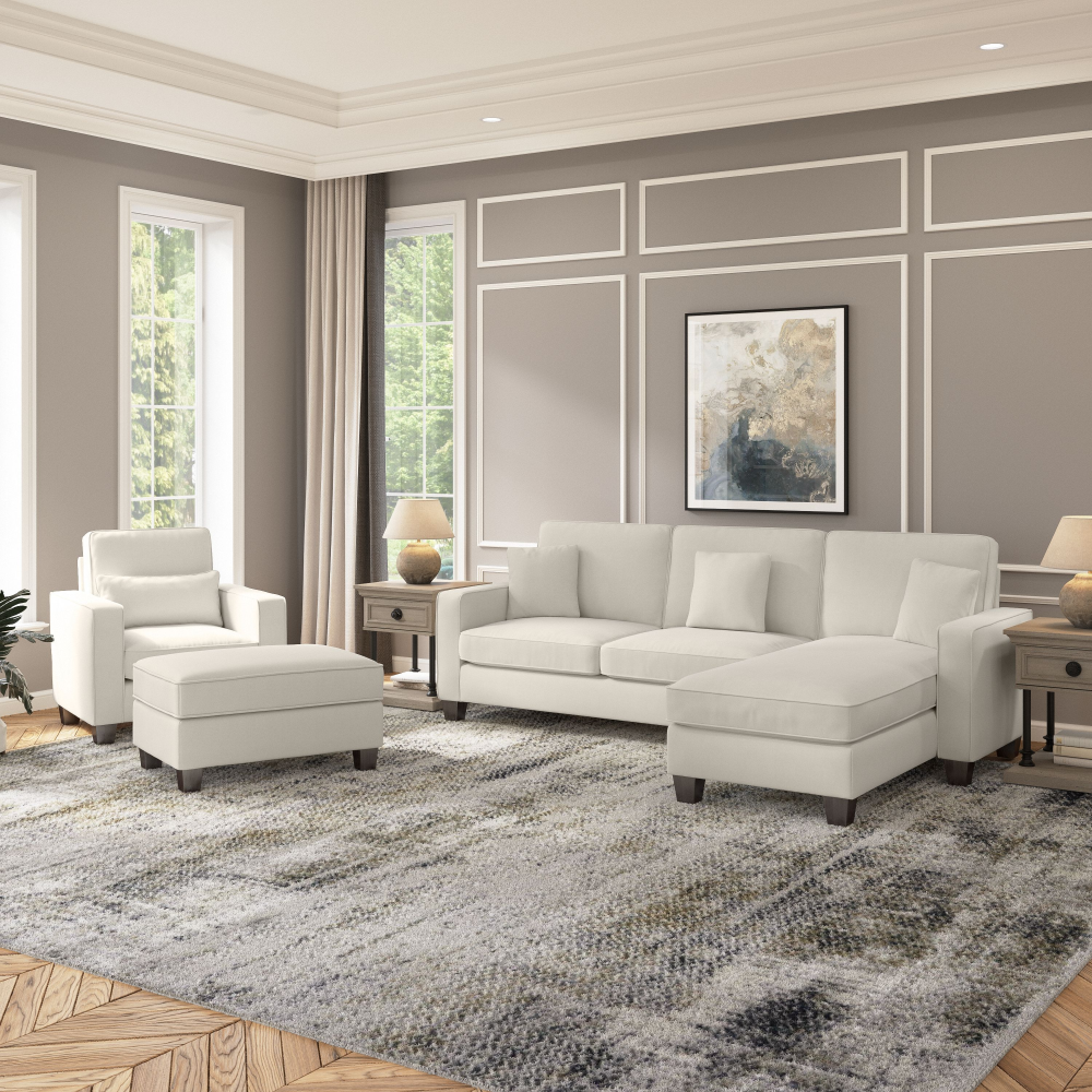 Shop Bush Furniture Stockton 102W Sectional Couch with Reversible Chaise Lounge, Accent Chair, and Ottoman, Image 02, SKT021CRH, #color_cream herringbone fabric