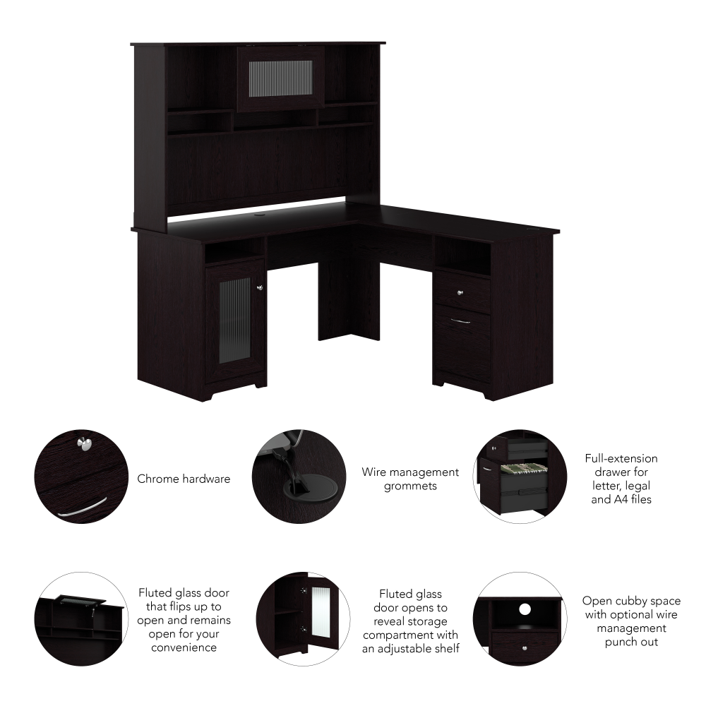 Shop Bush Furniture Cabot 60W L Shaped Computer Desk with Hutch and Storage, Image 06, CAB001EPO, #color_espresso oak