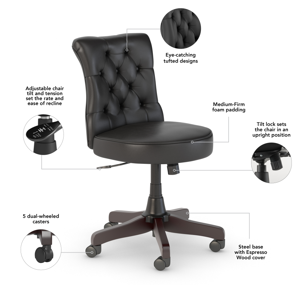 Shop Bush Furniture Salinas 60W L Shaped Desk with Mid Back Tufted Office Chair, Image 06, SAL010VB, #color_vintage black