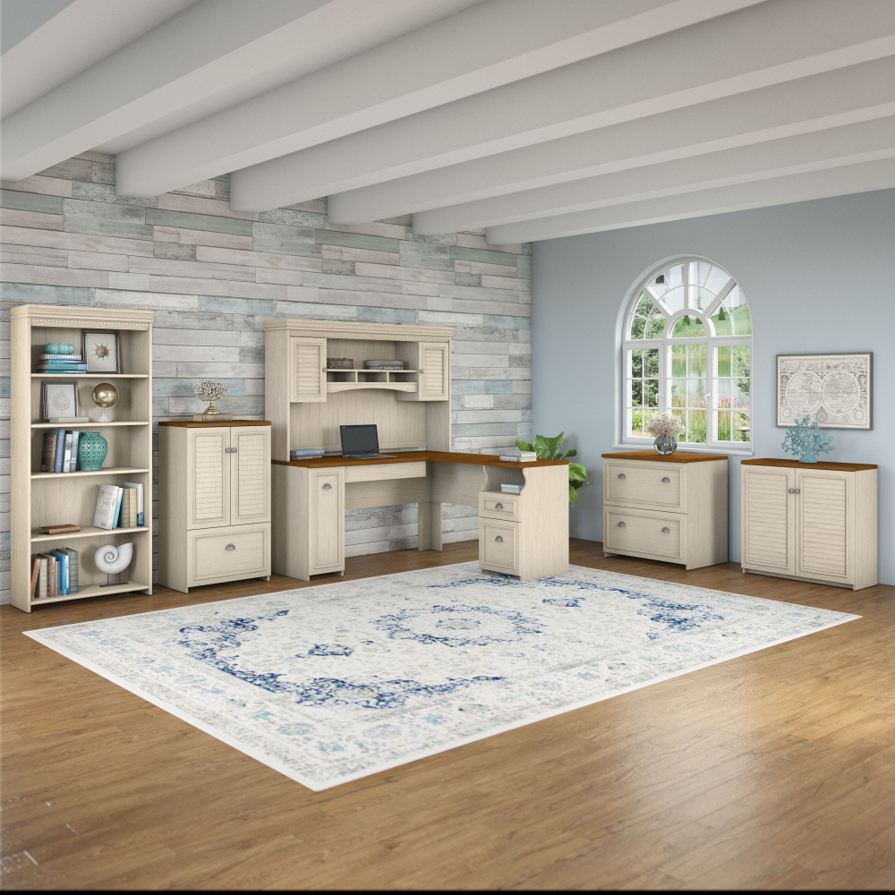 Shop Bush Furniture Fairview 60W L Shaped Desk with Hutch, Bookcase, Storage and File Cabinets, Image 02, FV014AW, #color_antique white/tea maple
