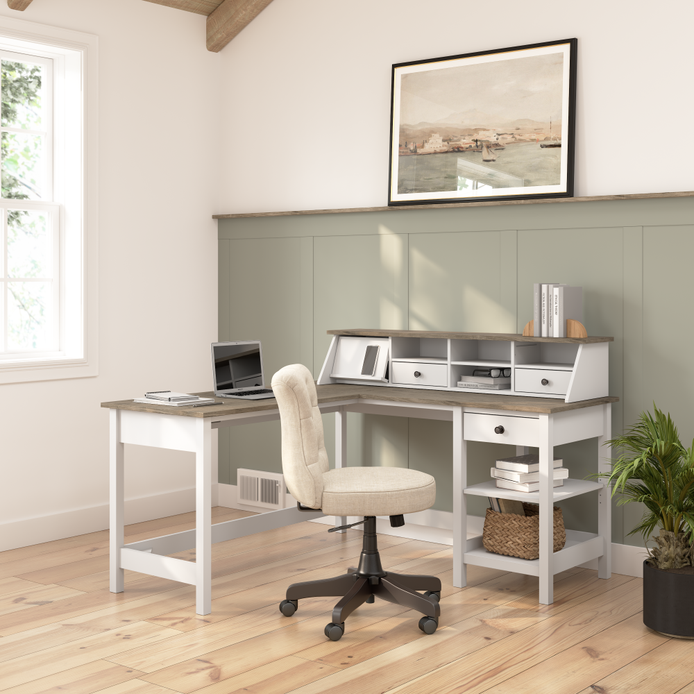 Shop Bush Furniture Mayfield 60W L Shaped Computer Desk with Desktop Organizer, Image 02, MAY012GW2, #color_shiplap gray/pure white