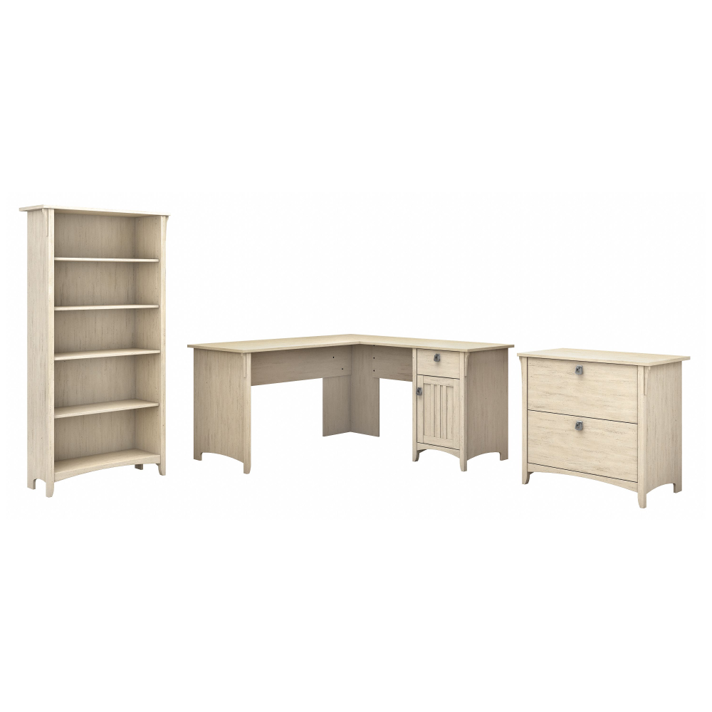 Shop Bush Furniture Salinas 60W L Shaped Desk with Lateral File Cabinet and 5 Shelf Bookcase, Image 01, SAL003AW, #color_antique white