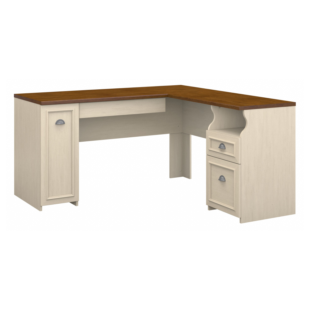 Shop Bush Furniture Fairview 60W L Shaped Desk with Drawers and Storage Cabinet, Image 01, WC53230-03K, #color_antique white/tea maple