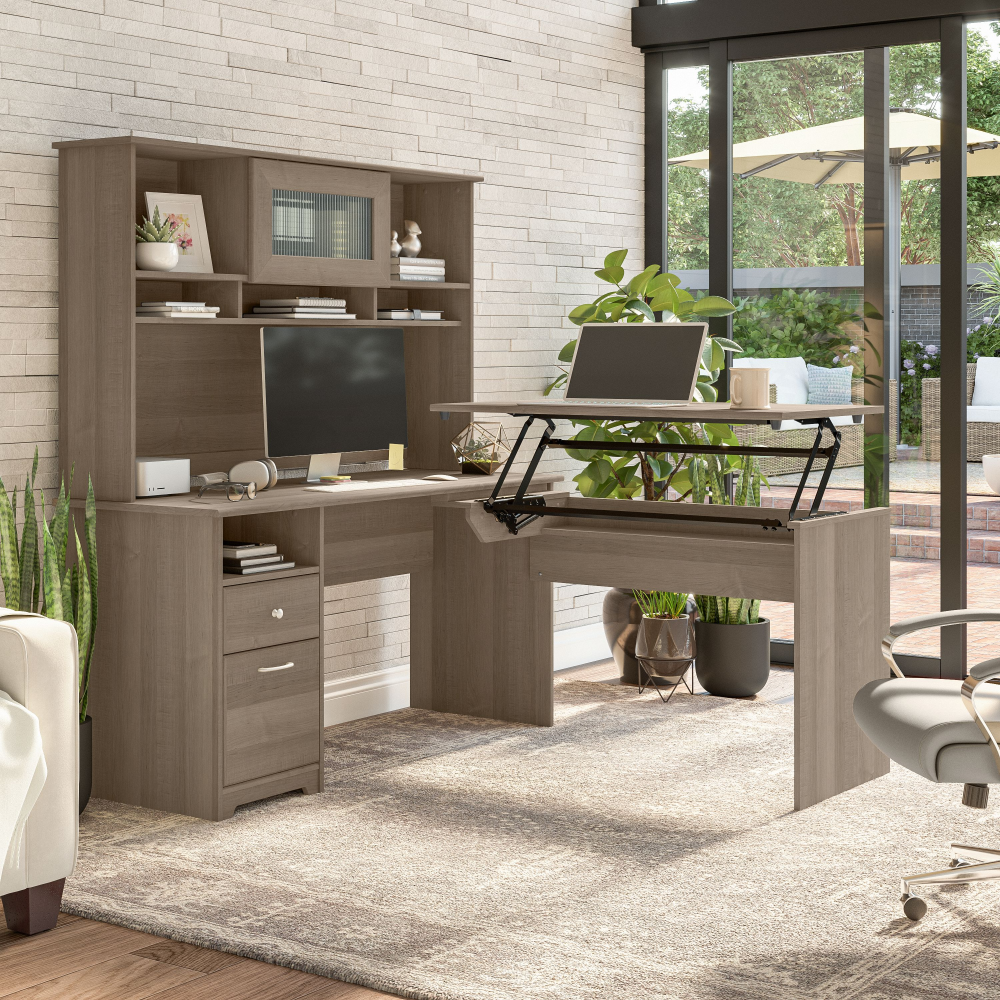 Shop Bush Furniture Cabot 60W 3 Position Sit to Stand L Shaped Desk with Hutch, Image 02, CAB045AG, #color_ash gray