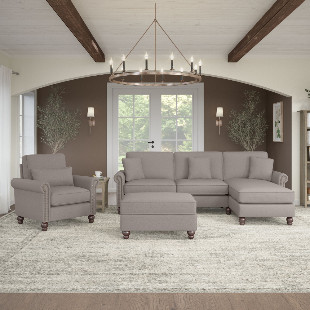 Shop Bush Furniture Coventry 102W Sectional Couch with Reversible Chaise Lounge, Accent Chair, and Ottoman, Image 02, CVN021BGH, #color_beige herringbone fabric