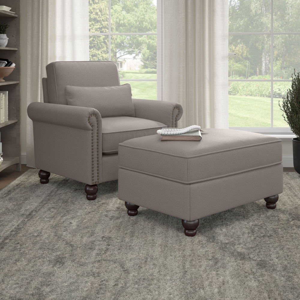 Shop Bush Furniture Coventry Accent Chair with Ottoman Set, Image 02, CVN010BGH, #color_beige herringbone fabric