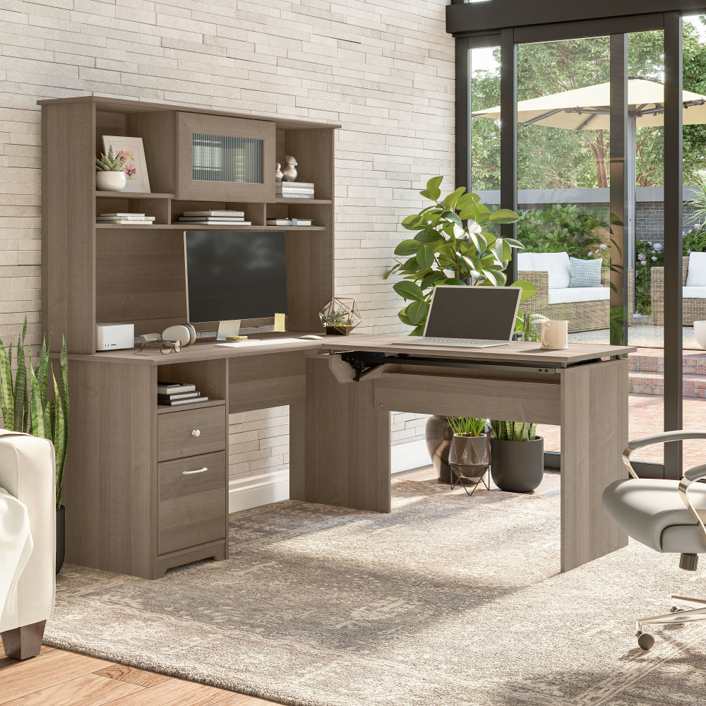 Shop Bush Furniture Cabot 60W 3 Position Sit to Stand L Shaped Desk with Hutch, Image 04, CAB045AG, #color_ash gray