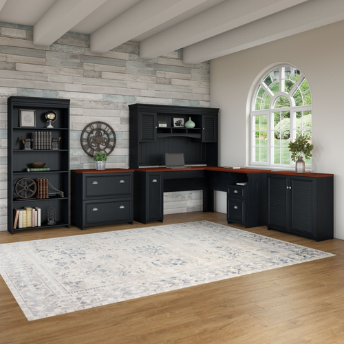 Shop Bush Furniture Fairview 60W L Shaped Desk with Hutch, File Cabinet, Bookcase and Storage, Image 02, FV013AB, #color_antique black/hansen cherry