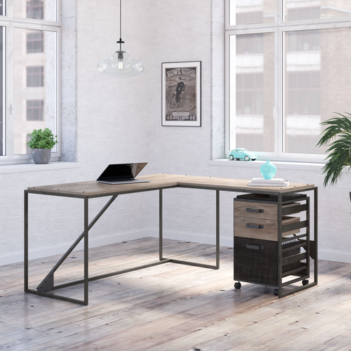 Shop Bush Furniture Refinery 62W L Shaped Industrial Desk with 3 Drawer Mobile File Cabinet, Image 02, RFY018RG, #color_rustic gray/charred wood