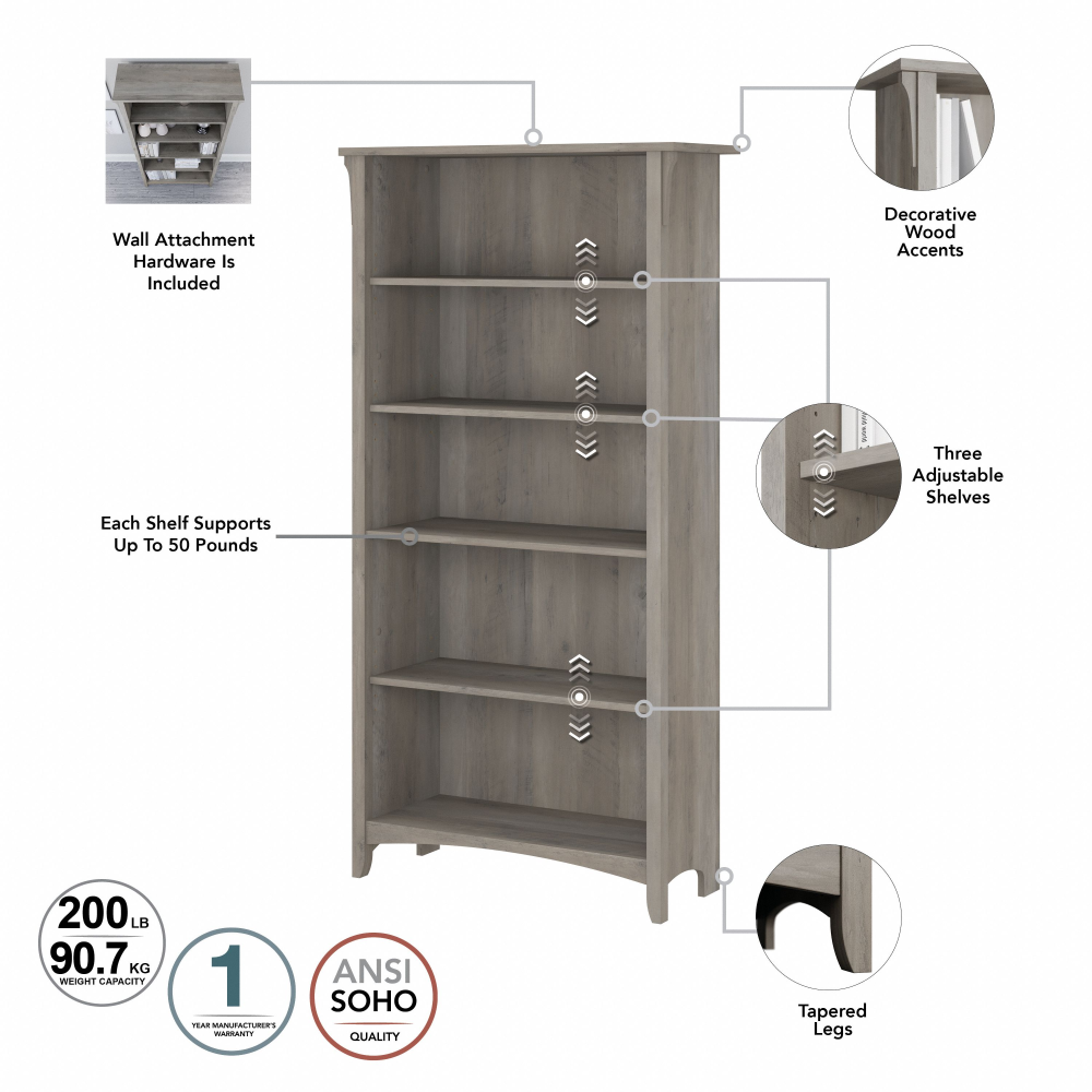 Shop Bush Furniture Salinas Tall 5 Shelf Bookcase, Image 08, SAB132DG-03, #color_driftwood gray