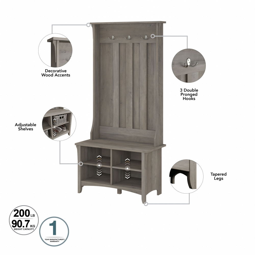 Shop Bush Furniture Salinas Entryway Storage Set with Hall Tree, Shoe Bench and Accent Cabinet, Image 07, SAL008DG, #color_driftwood gray