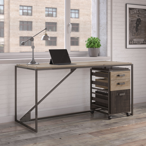 Shop Bush Furniture Refinery 62W Industrial Desk with 3 Drawer Mobile File Cabinet, Image 02, RFY005RG, #color_rustic gray/charred wood
