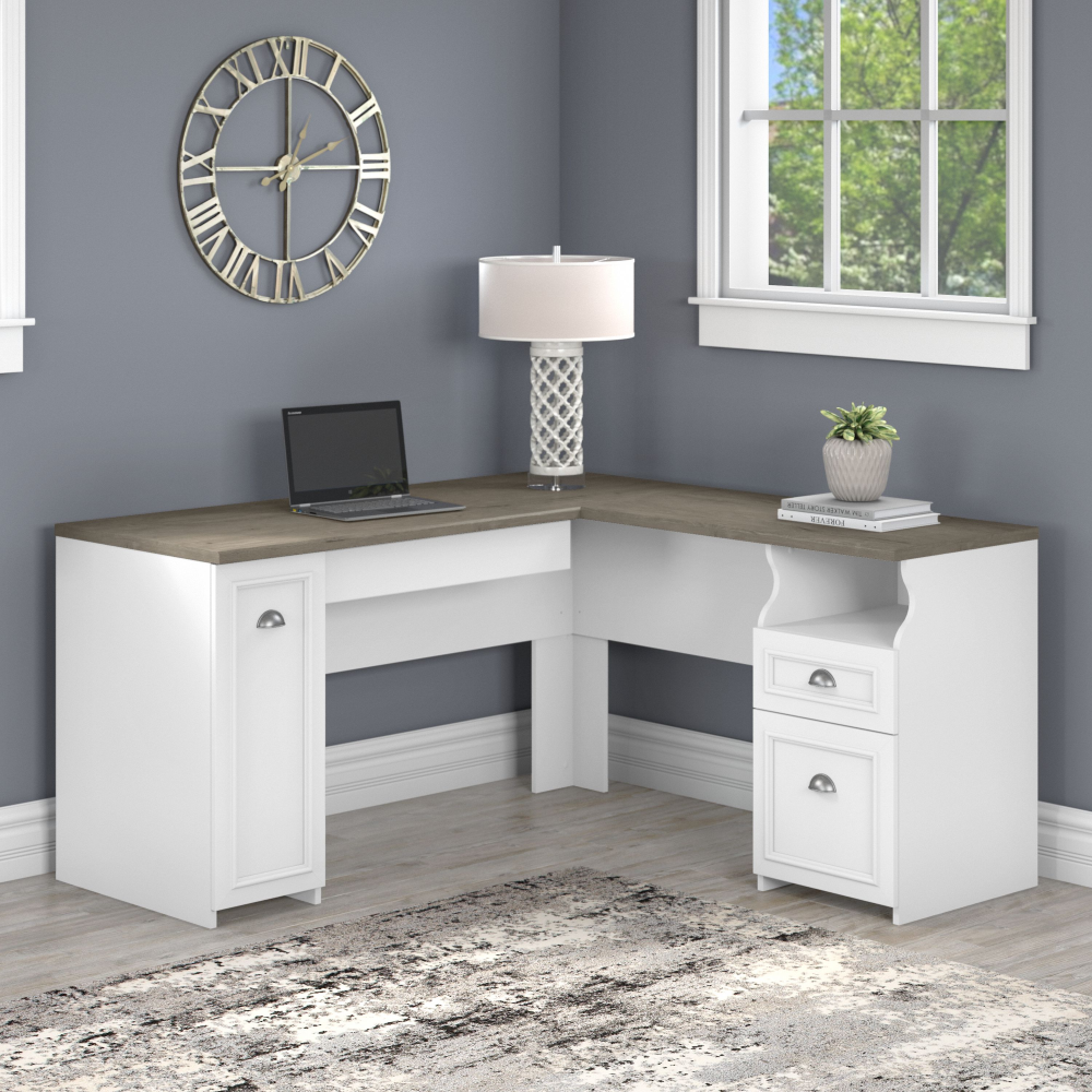 Shop Bush Furniture Fairview 60W L Shaped Desk with Drawers and Storage Cabinet, Image 02, WC53630-03K, #color_shiplap gray/pure white