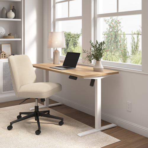 Shop Bush Furniture Energize 55W x 24D Electric Height Adjustable Standing Desk and Chair Set, Image 02, EGZ001MAW, #color_maple/white frame