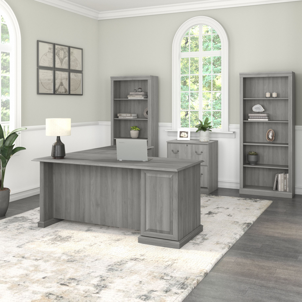 Shop Bush Furniture Saratoga L Shaped Computer Desk with File Cabinet and Bookcase Set, Image 02, SAR002MG, #color_modern gray