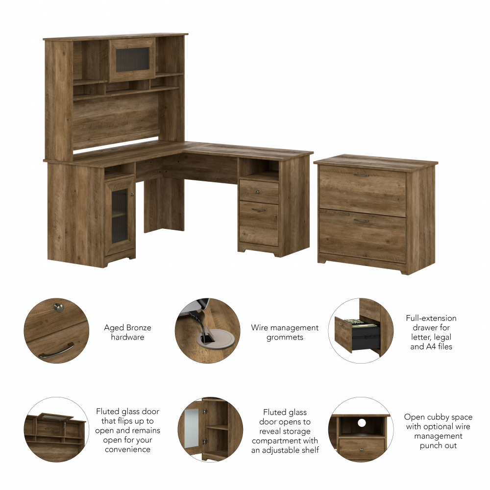 Shop Bush Furniture Cabot 60W L Shaped Computer Desk with Hutch and Lateral File Cabinet, Image 06, CAB005RCP, #color_reclaimed pine